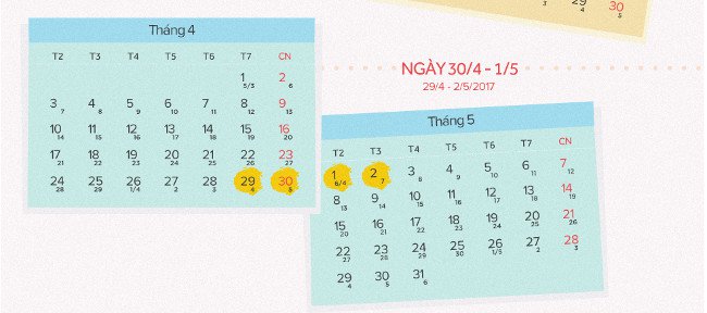 Lịch nghỉ lễ 30/4 cho người lao động năm 2017
4